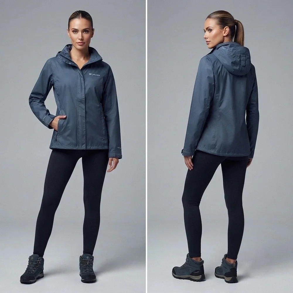 Columbia Womens Slate Blue Hooded Rain Jacket Mesh Lined Nylon Shell Large